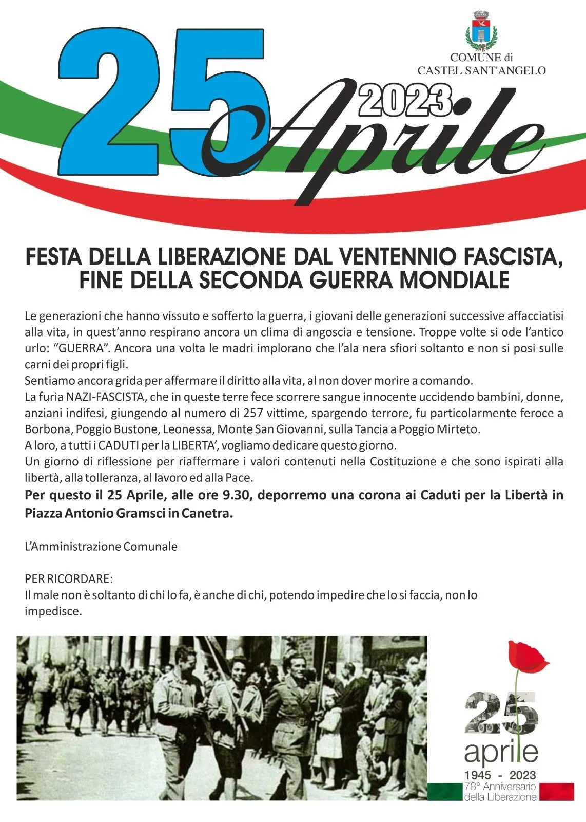 Deposizione Corona caduti  25 aprile 2023 - Festa della liberazione dal ventennio fascista