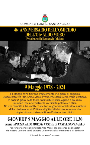 Commemorazione Onorevole Aldo Moro in data 09 Maggio 2024, alle ore 11.00, presso Piazza Aldo Moro